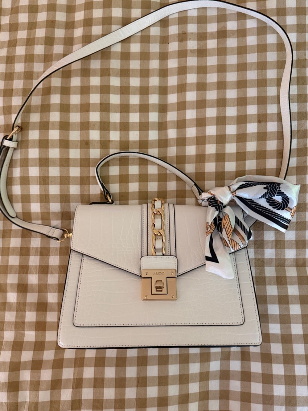 Aldo Cream Croc-Embossed Top-Handle Satchel with Scarf Accent